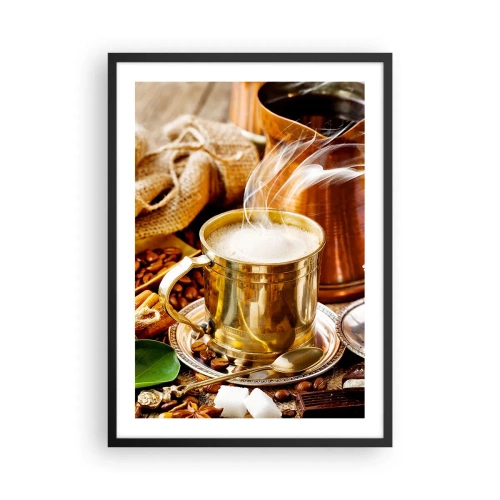 Poster în ramă neagră - O cană aurie cu cafea fierbinte și abur pe un fundal de boabe de cafea. - 50x70cm - O zi bună! - Decorațiune modernă pentru perete pentru living și dormitor ARTTOR