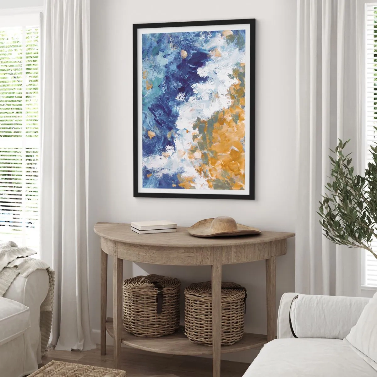 Poster în ramă neagră - O compoziție abstractă în nuanțe de albastru, alb și auriu. - 50x70cm - Dansul elementelor - Decorațiune modernă pentru perete pentru living și dormitor ARTTOR
