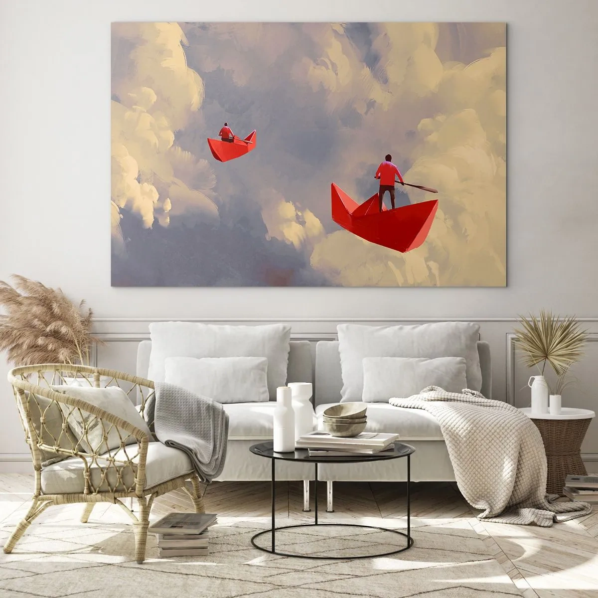 Tablou pe sticlă - Două persoane în bărci roșii pe un cer înnorat - 70x50cm - Expediția visătorilor - Decorațiune modernă pentru perete pentru living și dormitor ARTTOR