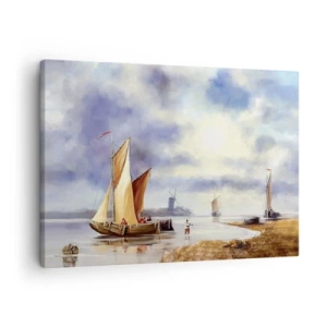 Tablou pe pânză Canvas - Bărci cu pânze pe ape calme cu mori de vânt în fundal - 70x50cm - Întoarcerea marinarilor - Decorațiune modernă pentru perete pentru living și dormitor ARTTOR