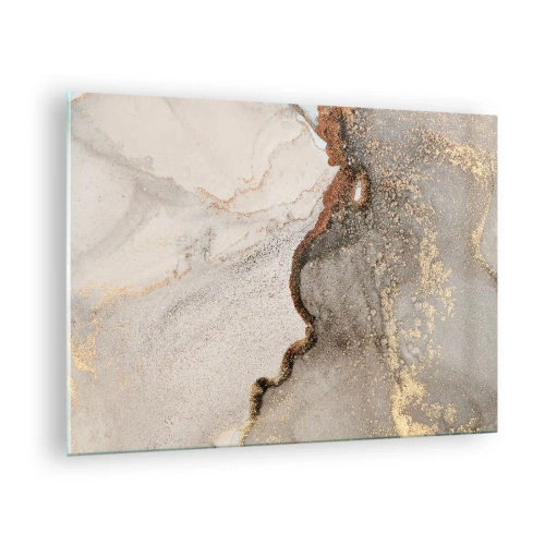 Tablou pe sticlă - Compoziție abstractă cu bej, auriu și grafit - 70x50cm - La granița culorilor - Decorațiune modernă pentru perete pentru living și dormitor ARTTOR