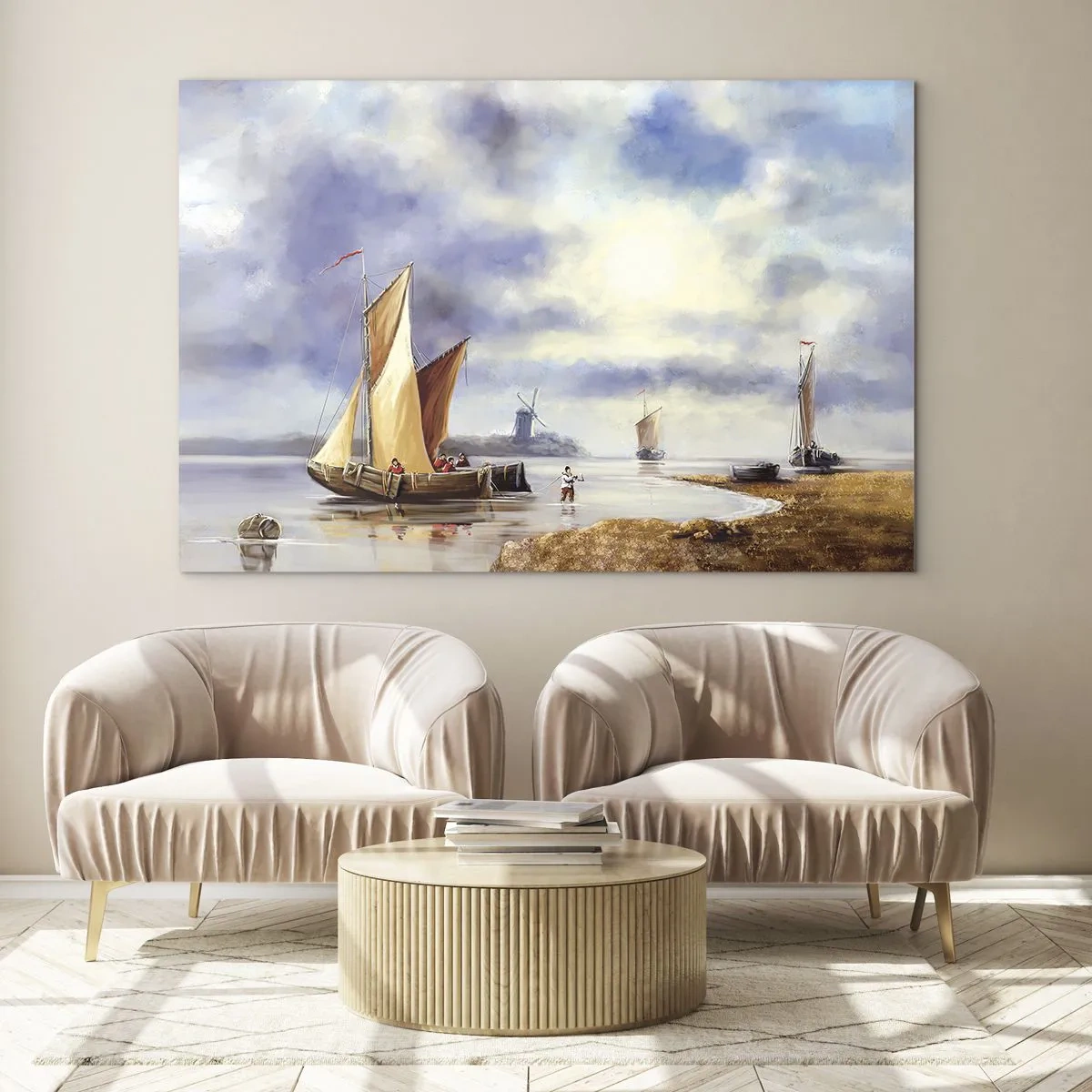 Tablou pe sticlă - Bărci cu pânze pe un lac liniștit, cu mori de vânt în fundal - 70x50cm - Întoarcerea marinarilor - Decorațiune modernă pentru perete pentru living și dormitor ARTTOR