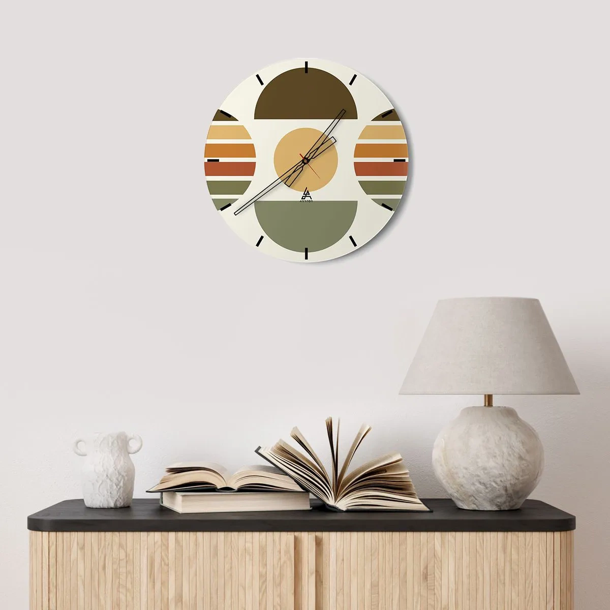 Ceas de perete - Ceas pe sticlă - Semicercuri și dungi geometrice în tonuri pământii pe un fundal deschis - 30x30cm - În culorile pământului - Decorațiune modernă pentru perete pentru living, bucătărie și dormitor ARTTOR