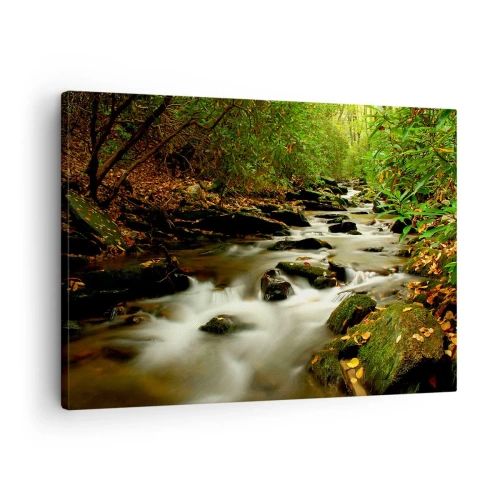 Tablou pe pânză Canvas - Un pârâu de pădure curge printre pietre înconjurat de verdeață - 70x50cm - Ca argintul lichid - Decorațiune modernă pentru perete pentru living și dormitor ARTTOR