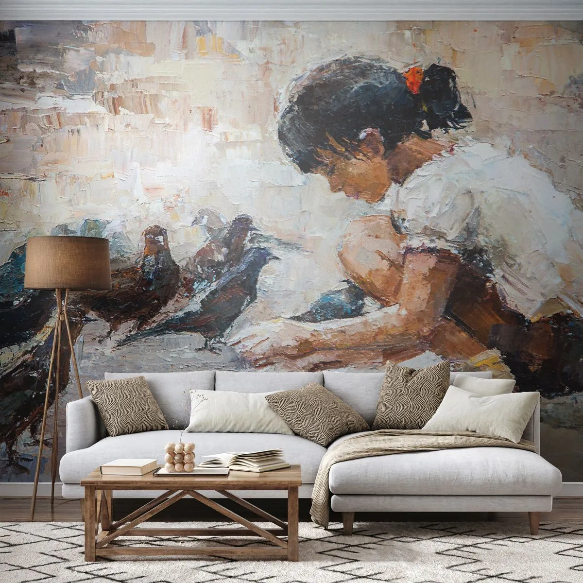 Tapet Premium Canvas - Cei mici și cei mai cuminți - Fată, Pui de porumbel, Pentru copii - 500x350 cm