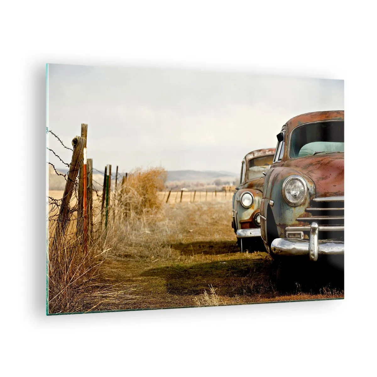 Tablou pe sticlă - Mașini de epocă pe un drum de țară - 70x50cm - O odihnă binemeritată - Decorațiune modernă pentru perete pentru living și dormitor ARTTOR