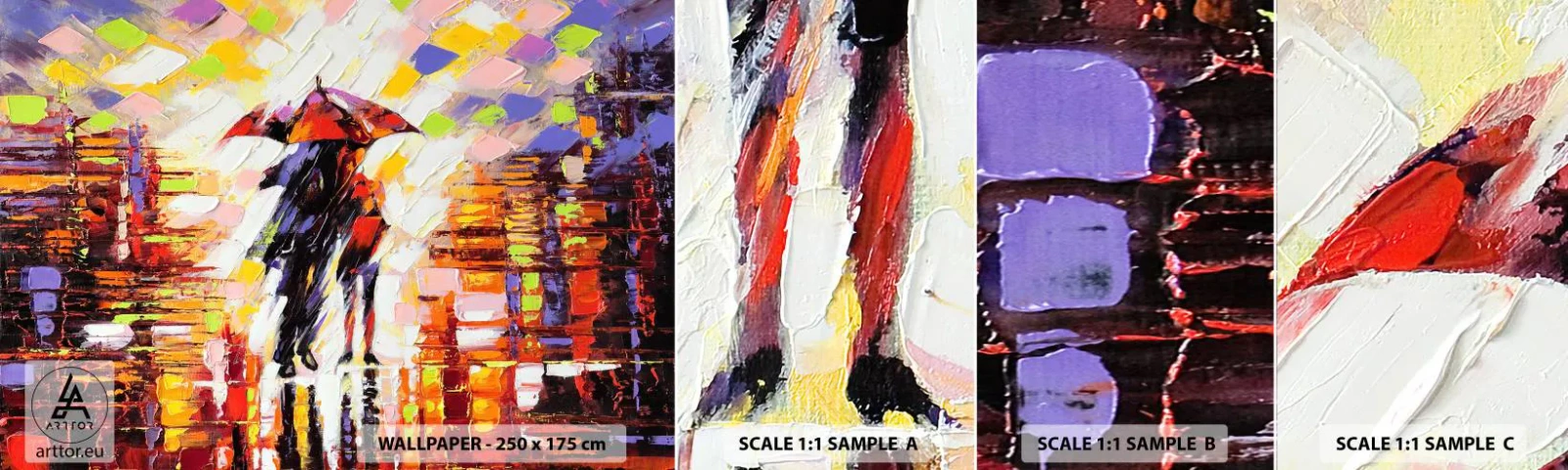 Mostră de Tapet Standard Eco - Împreună prin noapte și ploaie - Abstracția, Cuplu îndrăgostit, Plimbare in ploaie - 100x30 cm