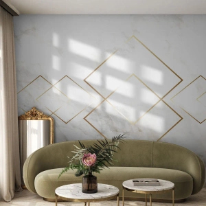 Tapet Standard Eco - Fundal de marmură albă cu modele geometrice aurii - 100x70cm - Vedere spre infinit - Decorațiune modernă pentru perete pentru living și dormitor ARTTOR