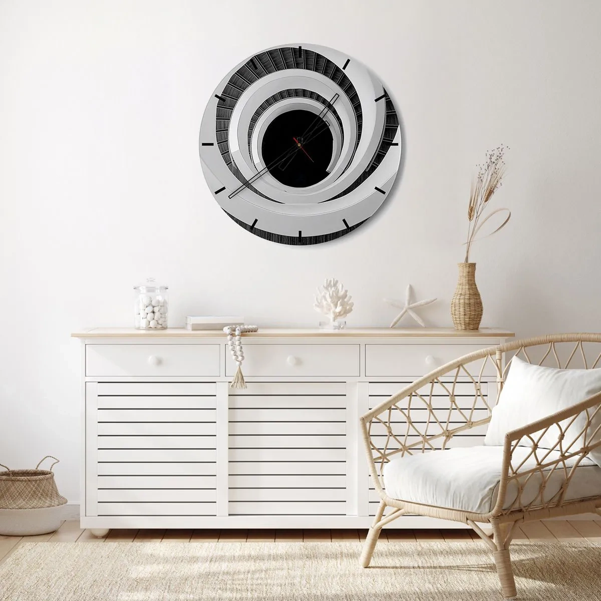 Ceas de perete - Ceas pe sticlă - Scară spiralată în stil alb-negru - 30x30cm - Până la miez - Decorațiune modernă pentru perete pentru living, bucătărie și dormitor ARTTOR