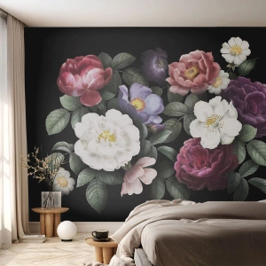 Tapet Standard Eco - O compoziție de flori colorate pe fundal negru - 100x70cm - Dintr-o grădină engleză - Decorațiune modernă pentru perete pentru living și dormitor ARTTOR
