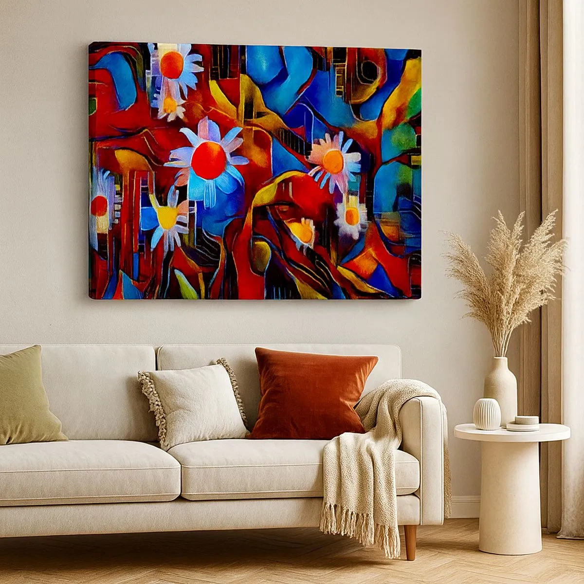Tablou pe pânză Canvas - Flori abstracte pe un fundal de modele geometrice - 70x50cm - Culorile vieții - Decorațiune modernă pentru perete pentru living și dormitor ARTTOR