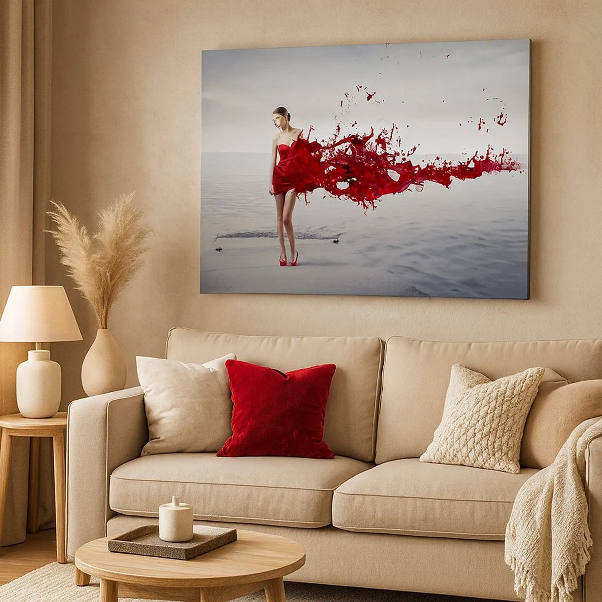 Tablou pe pânză Canvas - O femeie într-o rochie roșie într-o compoziție artistică lângă apă - 70x50cm - Pasională ca și stacojiul - Decorațiune modernă pentru perete pentru living și dormitor ARTTOR