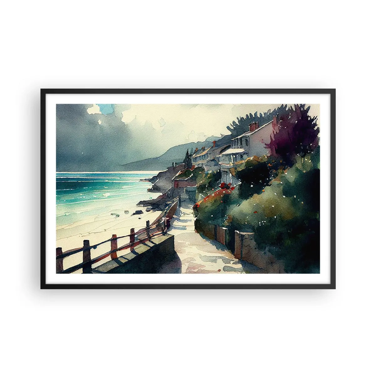 Poster în ramă neagră - Orășel mediteraneean - 91x61 cm