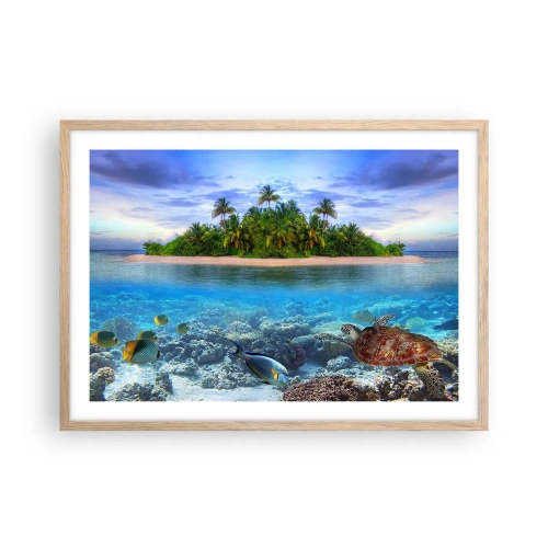 Poster în ramă de stejar deschis - Insula paradisiacă vă invită - 70x50 cm