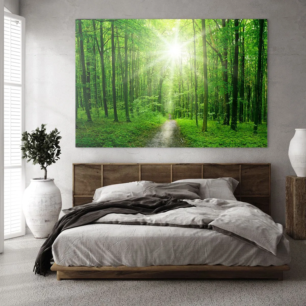 Tablou pe sticlă - O cărare în pădure luminată de razele soarelui - 70x50cm - Catedrala verde - Decorațiune modernă pentru perete pentru living și dormitor ARTTOR