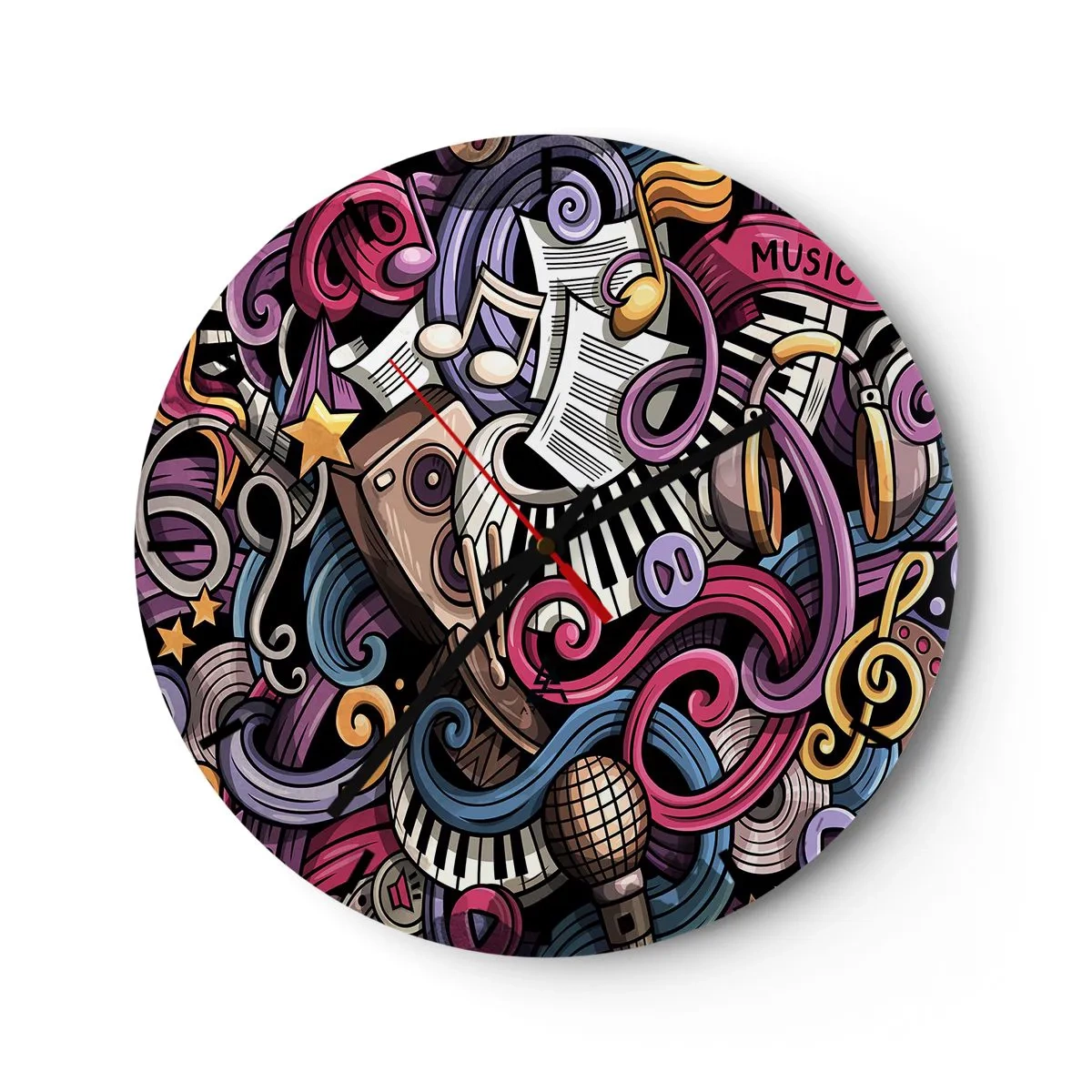 Ceas de perete - Ceas pe sticlă - Compoziție abstractă de motive și instrumente muzicale - 30x30cm - Melodie complicată - Decorațiune modernă pentru perete pentru living, bucătărie și dormitor ARTTOR