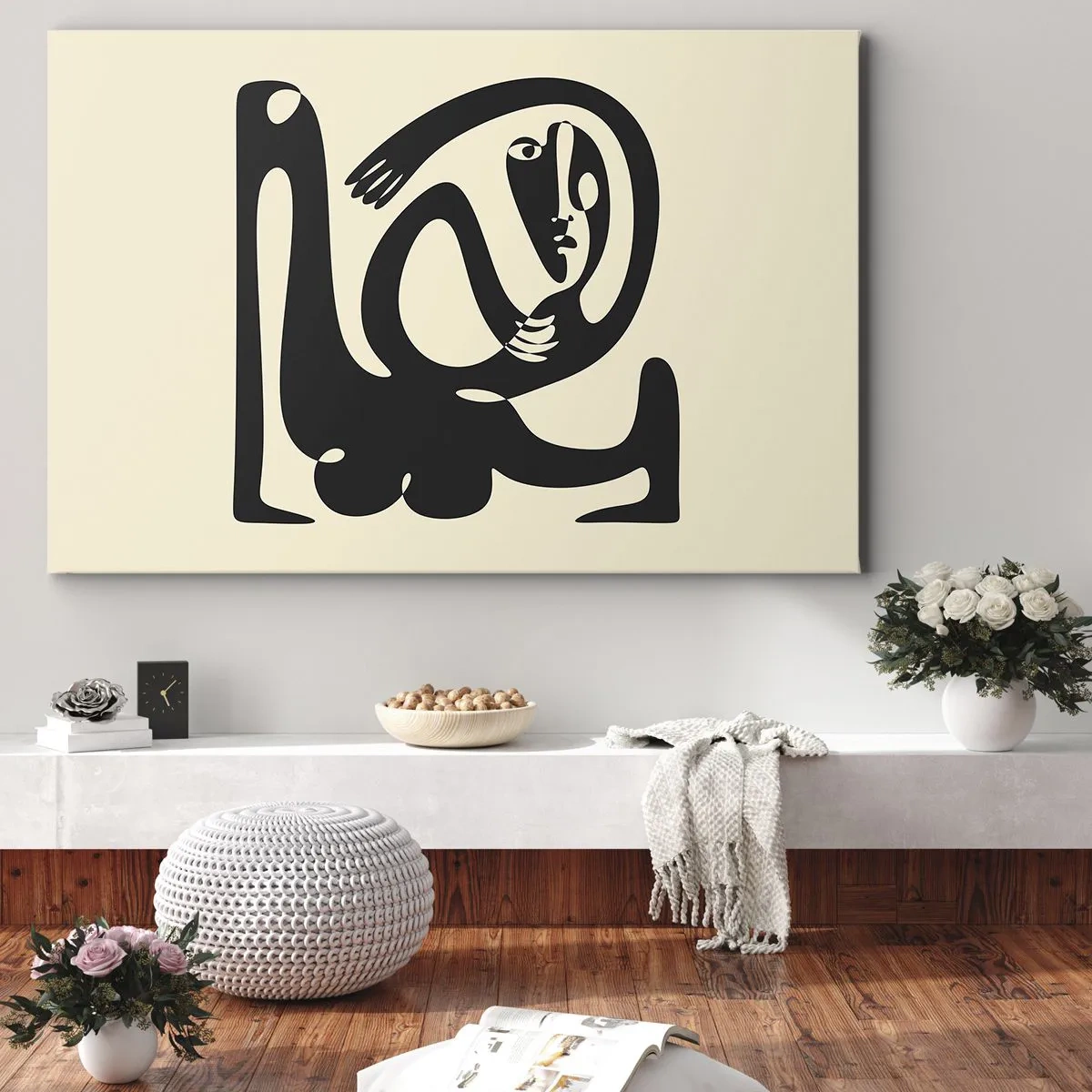 Tablou pe pânză Canvas - O figură abstractă în negru pe un fundal bej - 70x50cm - Aproape Picasso - Decorațiune modernă pentru perete pentru living și dormitor ARTTOR