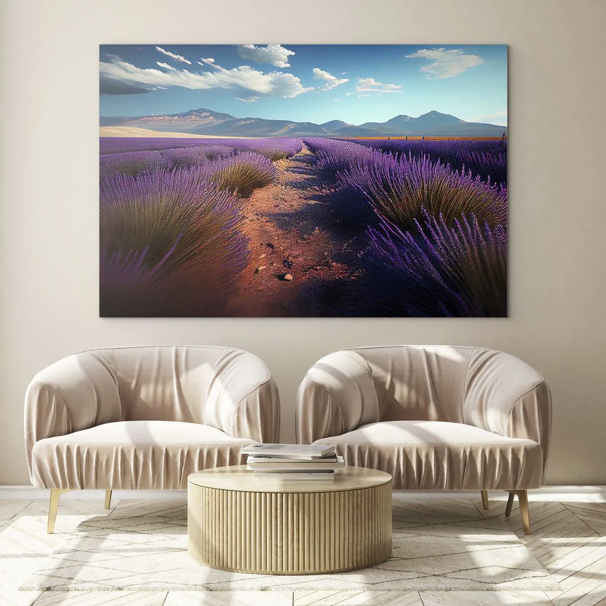 Tablou pe sticlă - Câmpuri de lavandă la apus cu vedere la munți - 70x50cm - Câmpuri parfumate - Decorațiune modernă pentru perete pentru living și dormitor ARTTOR