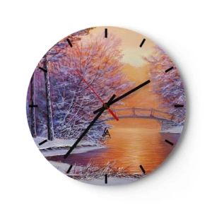 Ceas de perete - Ceas pe sticlă - Peisaj de iarnă cu un pod peste un râu, copaci și zăpadă - 30x30cm - Hai să ne întâlnim aici - Decorațiune modernă pentru perete pentru living, bucătărie și dormitor ARTTOR