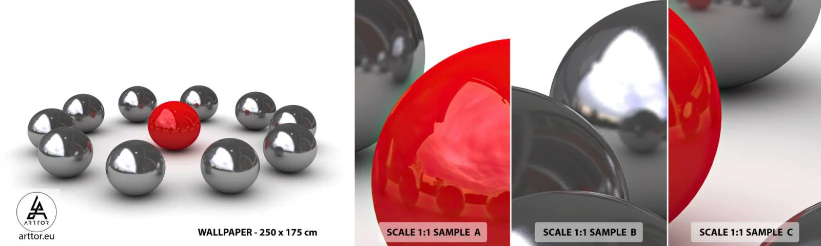 Mostră tapet autocolant Deluxe Sticker - Cerc în argintiu și roșu - Abstracția, 3D, Bile rotunde - 100x30 cm