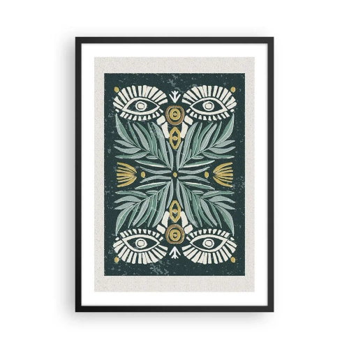 Poster în ramă neagră - Model simetric cu frunze și ochi pe un fundal întunecat - 50x70cm - Ca un decupaj folcloric - Decorațiune modernă pentru perete pentru living și dormitor ARTTOR