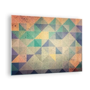 Tablou pe sticlă - Mozaic colorat cu triunghiuri geometrice în stil retro - 70x50cm - Republica triunghiurilor - Decorațiune modernă pentru perete pentru living și dormitor ARTTOR
