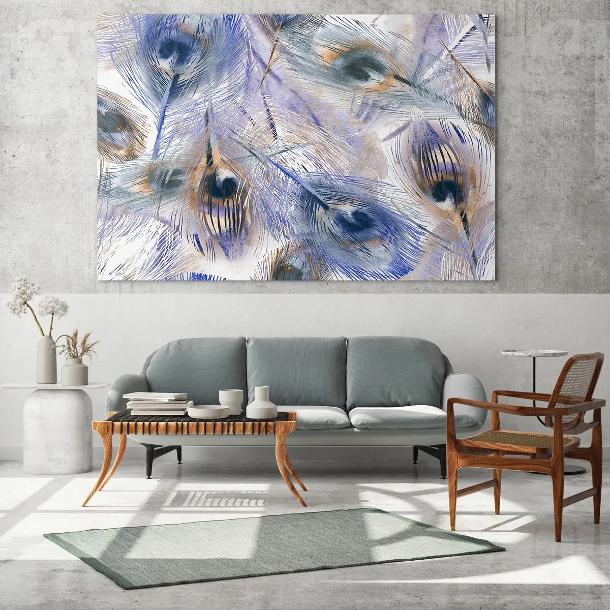Tablou pe sticlă - Compoziția penelor de păun - 100x70 cm