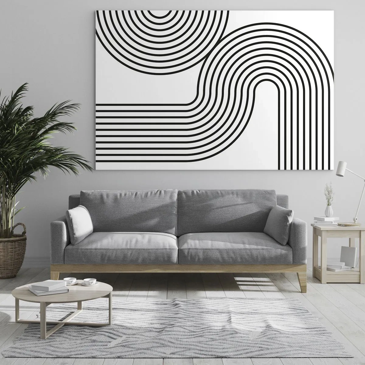 Tablou pe sticlă - Grafică alb-negru cu linii paralele curbate - 70x50cm - Pe o curbă - Decorațiune modernă pentru perete pentru living și dormitor ARTTOR