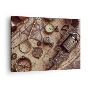 Tablou pe pânză Canvas - Obiecte antice pe o hartă veche în stil retro - 70x50cm - Sugestii de aventură - Decorațiune modernă pentru perete pentru living și dormitor ARTTOR