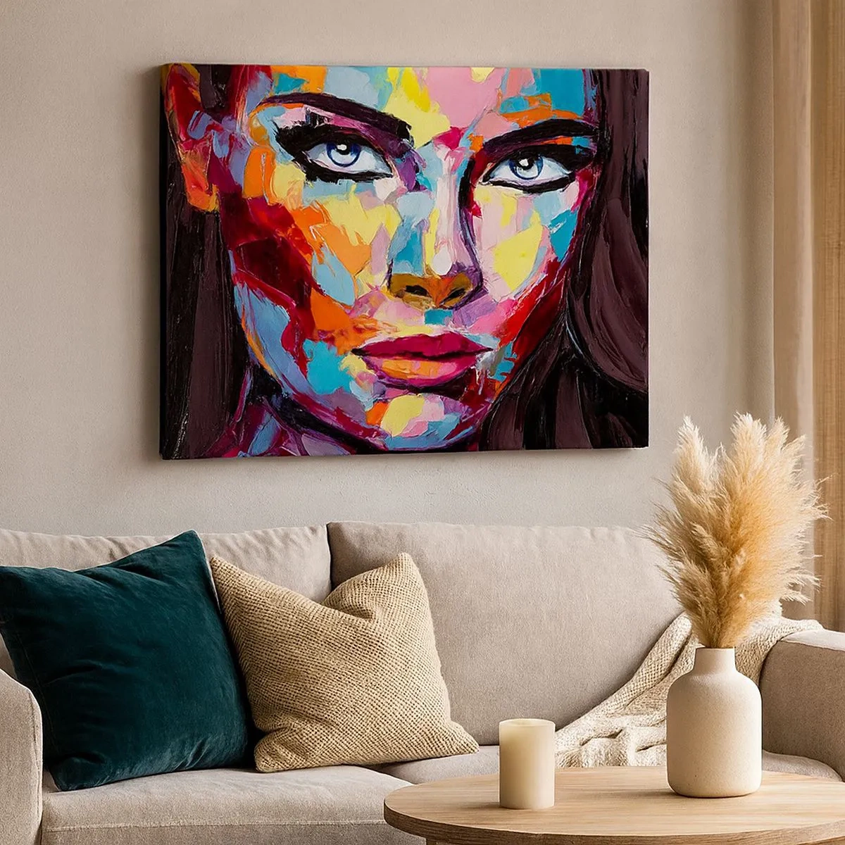 Tablou pe pânză Canvas - Un portret abstract colorat al unei femei, în culori intense. - 70x50cm - Un suflet plin de culoare - Decorațiune modernă pentru perete pentru living și dormitor ARTTOR