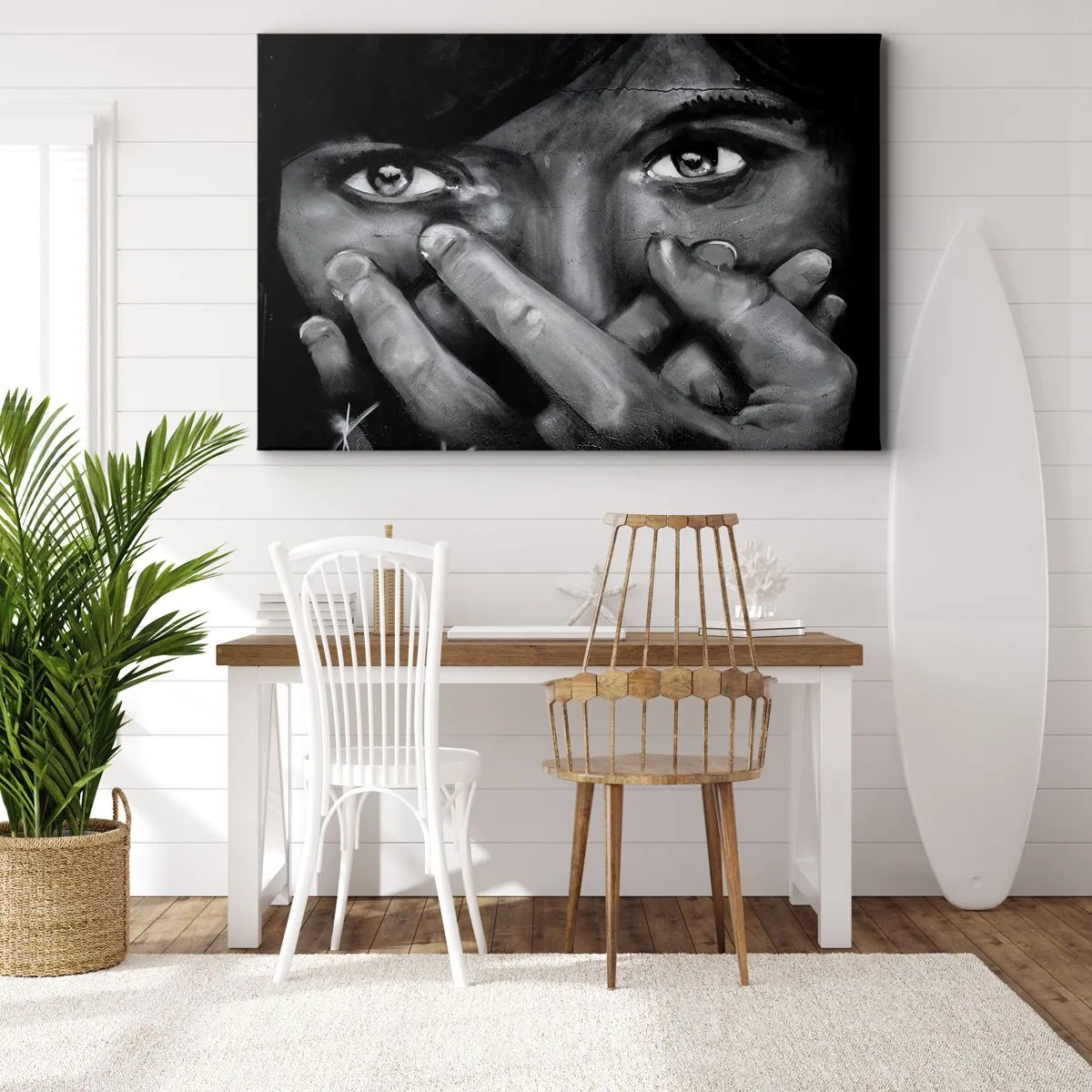 Tablou pe pânză Canvas - Portret alb-negru al unei femei care își acoperă fața cu mâinile. - 70x50cm - Nu spun cine le-a pictat - Decorațiune modernă pentru perete pentru living și dormitor ARTTOR