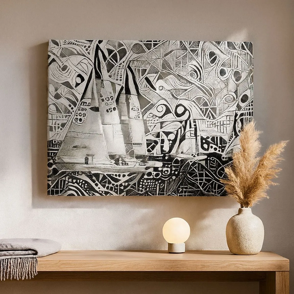 Tablou pe pânză Canvas - Pânze abstracte într-o compoziție monocromatică - 70x50cm - Între valuri - Decorațiune modernă pentru perete pentru living și dormitor ARTTOR