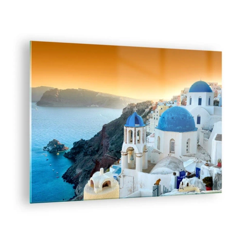 Tablou pe sticlă - Vedere a insulei Santorini cu cupolele și stâncile sale albastre - 70x50cm - Santorini - îmbrățișat de stânci - Decorațiune modernă pentru perete pentru living și dormitor ARTTOR