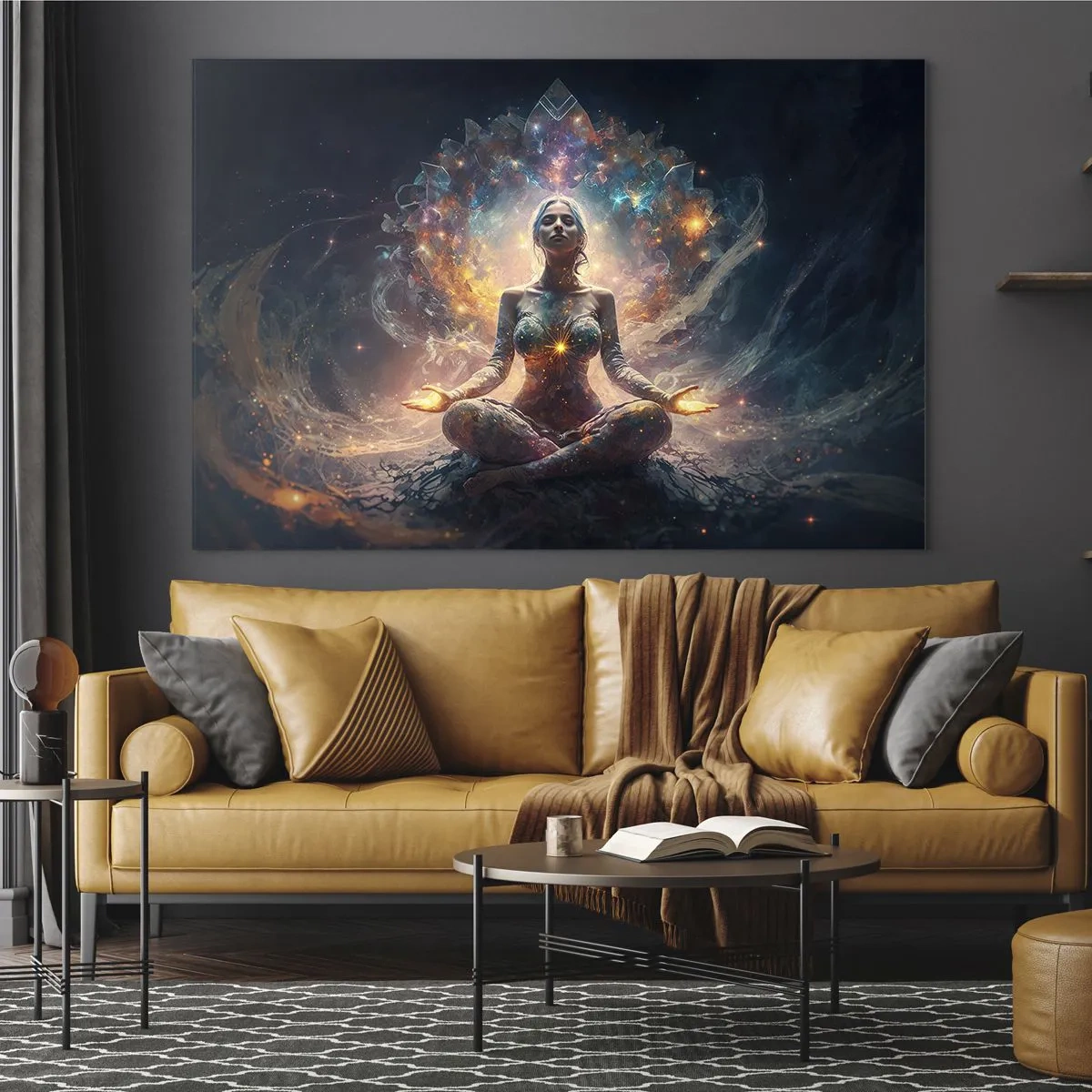 Tablou pe sticlă - O femeie care meditează într-o aură luminoasă de energie și culoare - 70x50cm - Flux de energie bună - Decorațiune modernă pentru perete pentru living și dormitor ARTTOR