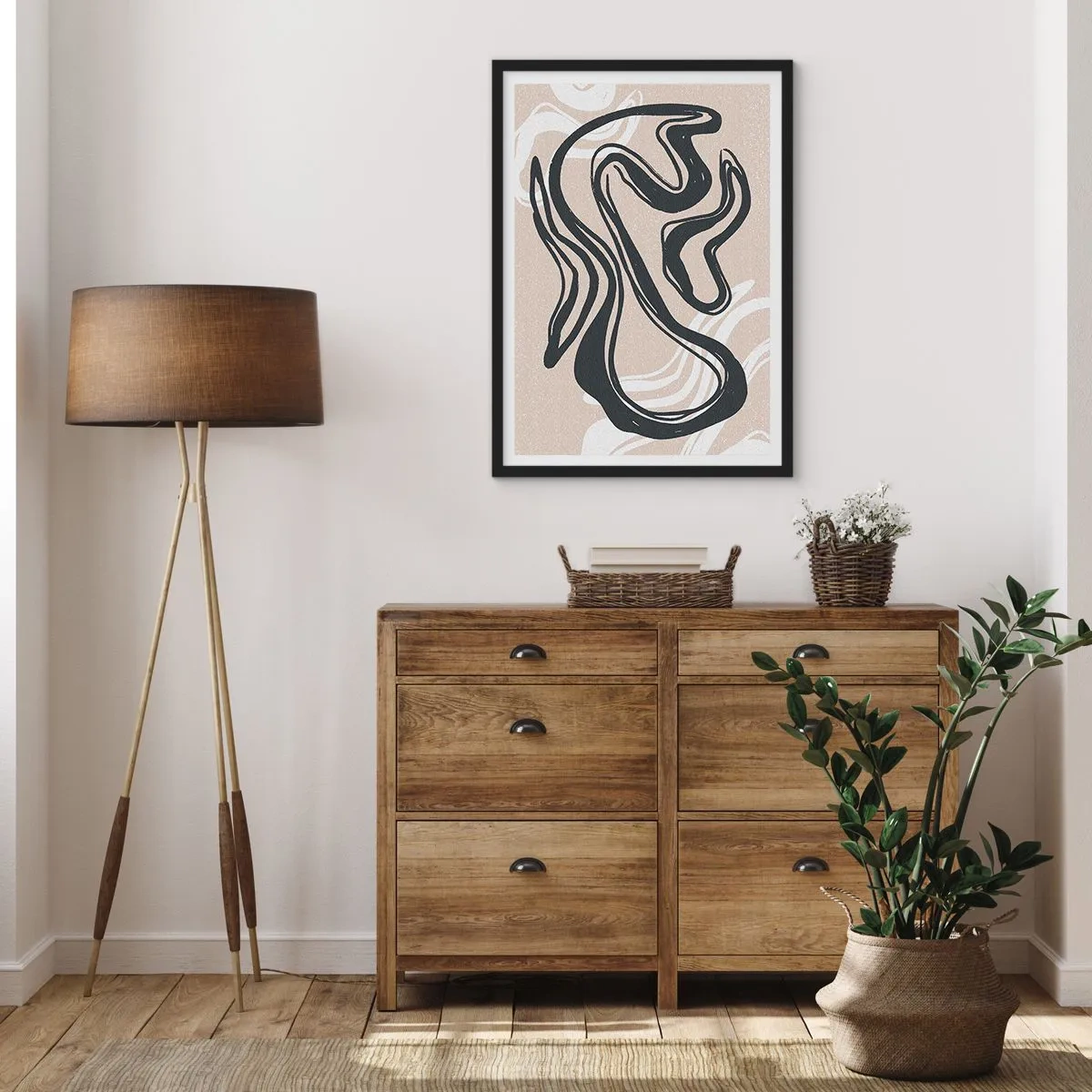 Poster în ramă neagră - Linie abstractă pe un fundal bej - 50x70cm - Expresie multiplicată - Decorațiune modernă pentru perete pentru living și dormitor ARTTOR