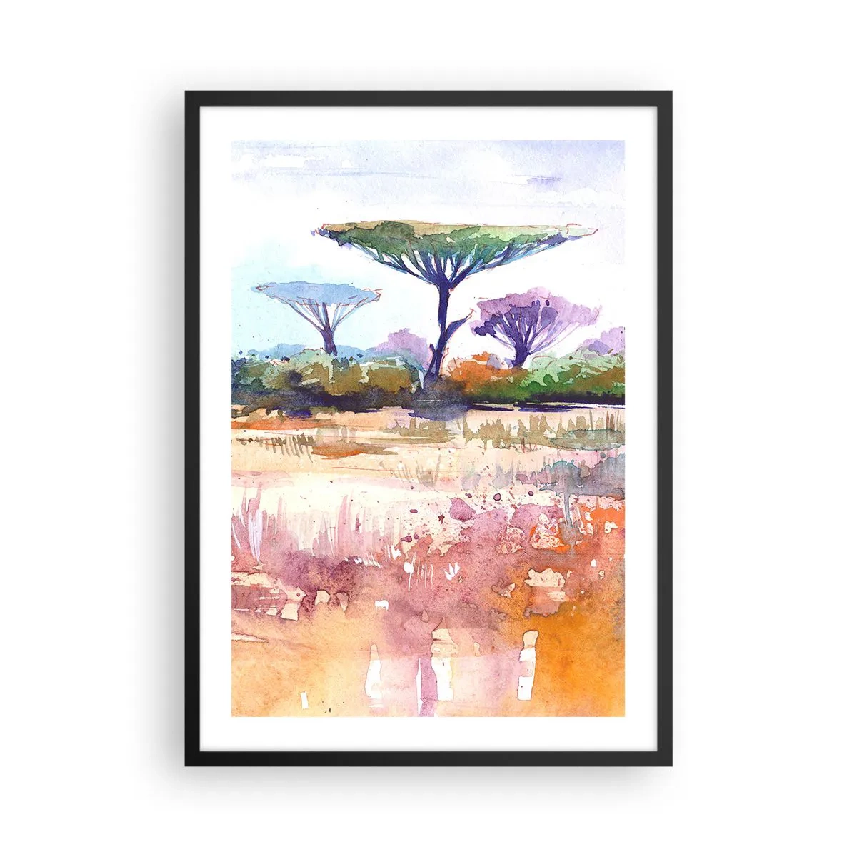 Poster în ramă neagră - O pictură în acuarelă reprezentând un peisaj de savană cu salcâmi. - 50x70cm - Culorile savanei - Decorațiune modernă pentru perete pentru living și dormitor ARTTOR