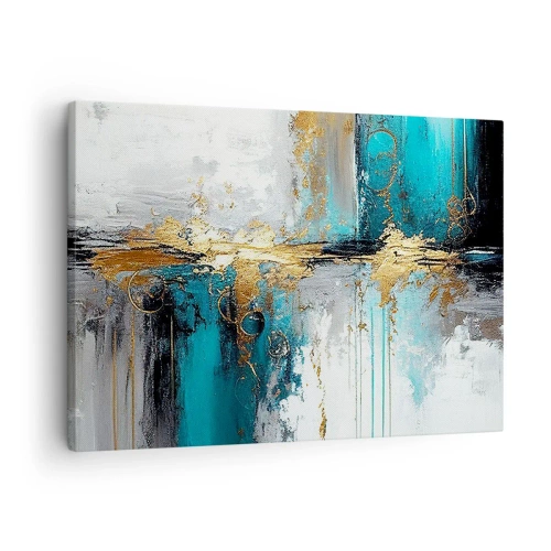 Tablou pe pânză Canvas - O compoziție abstractă cu accente de turcoaz și auriu. - 70x50cm - Totul curge - Decorațiune modernă pentru perete pentru living și dormitor ARTTOR