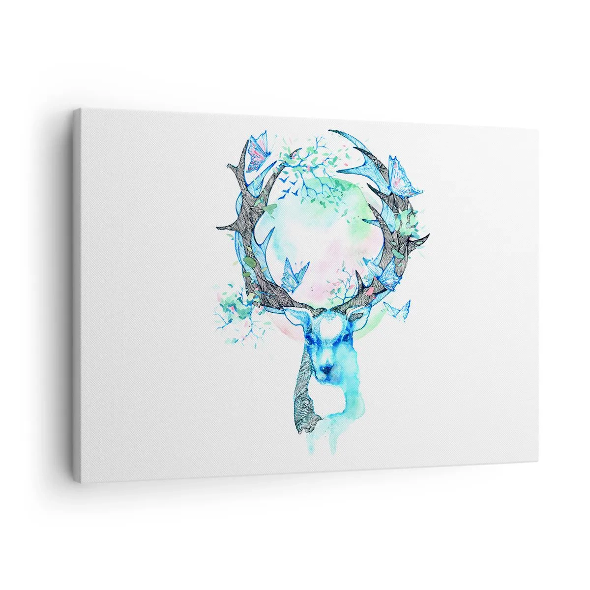 Tablou pe pânză Canvas - O grafică fantezistă cu cerbi, cu motive naturale și fluturi - 70x50cm - Forța și delicatețea naturii - Decorațiune modernă pentru perete pentru living și dormitor ARTTOR
