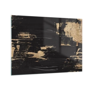 Tablou pe sticlă - Abstracție neagră și aurie cu o textură asemănătoare unei pensule - 70x50cm - O urmă de atingere - Decorațiune modernă pentru perete pentru living și dormitor ARTTOR