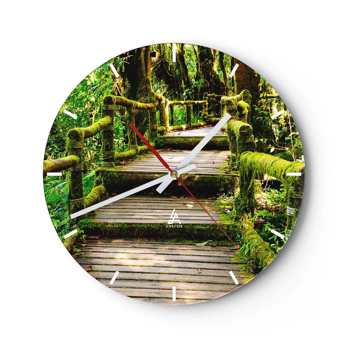 Ceas de perete - Ceas pe sticlă - O potecă de lemn într-o pădure tropicală acoperită cu mușchi - 30x30cm - Coridorul verde - Decorațiune modernă pentru perete pentru living, bucătărie și dormitor ARTTOR