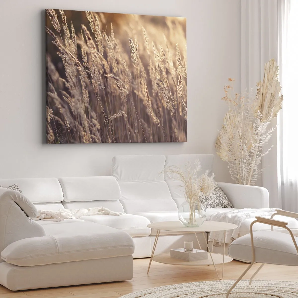 Tablou pe pânză Canvas - Ierburi aurii pe fundalul soarelui apus - 70x50cm - Gata să întâmpine toamna - Decorațiune modernă pentru perete pentru living și dormitor ARTTOR