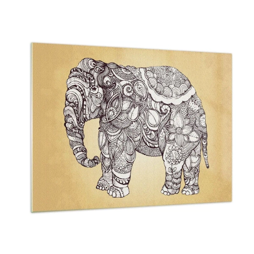 Tablou pe sticlă - Elefant alb-negru cu modele orientale pe un fundal bej - 70x50cm - Elefantul oriental - Decorațiune modernă pentru perete pentru living și dormitor ARTTOR