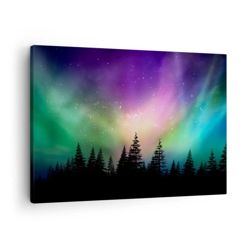 Tablou pe pânză Canvas - Aurora boreală deasupra unei păduri cu cer înstelat - 70x50cm - Magie albă - Decorațiune modernă pentru perete pentru living și dormitor ARTTOR