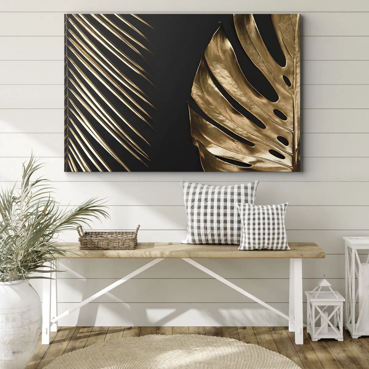 Tablou pe pânză Canvas - Frunze aurii pe fundal negru - 70x50cm - Diferite și la fel de scumpe - Decorațiune modernă pentru perete pentru living și dormitor ARTTOR