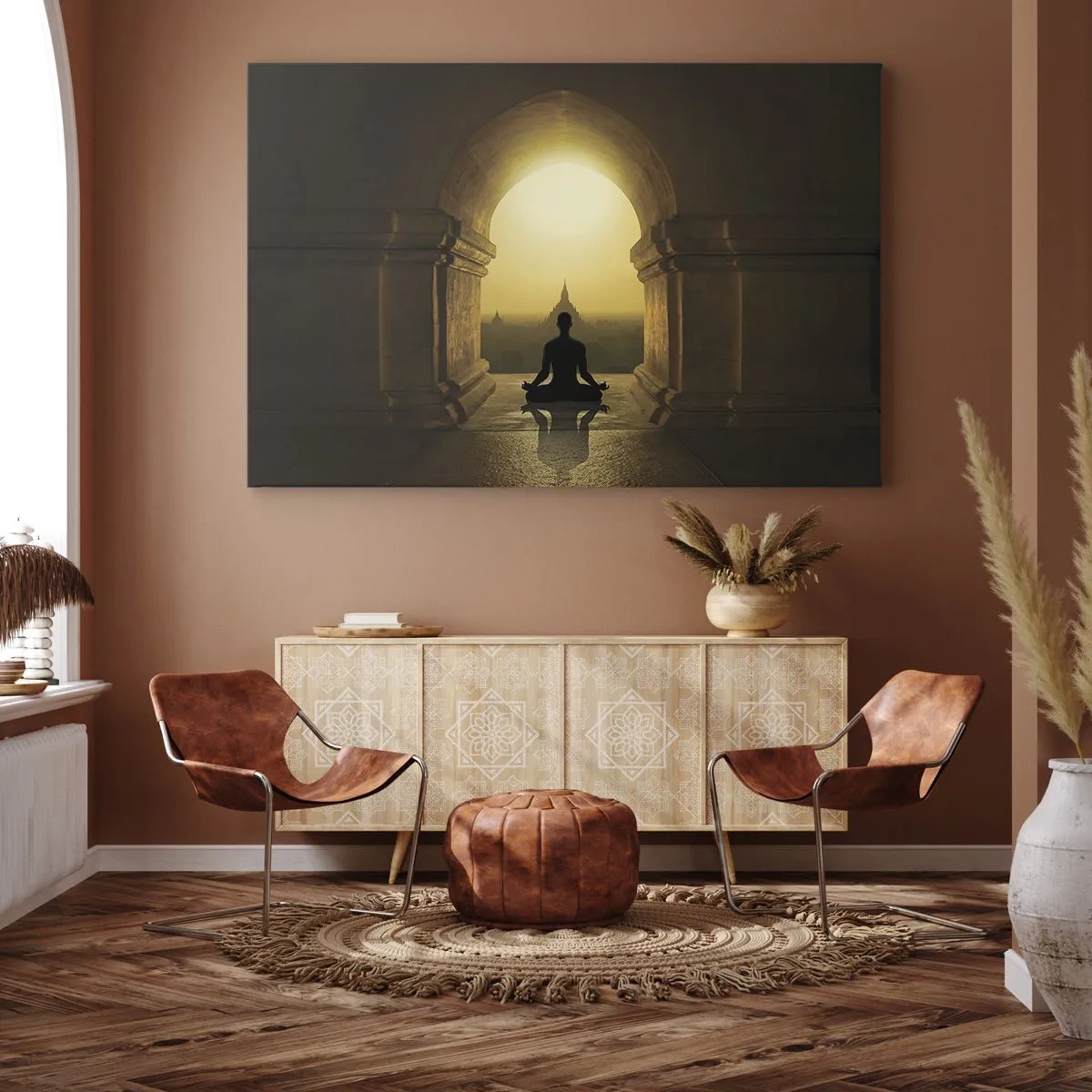 Tablou pe pânză Canvas - Silueta unei persoane care meditează în lumina soarelui care apune - 70x50cm - Armonie completă - Decorațiune modernă pentru perete pentru living și dormitor ARTTOR