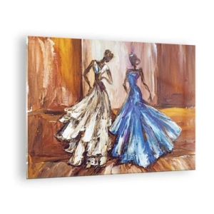 Tablou pe sticlă - Figuri feminine în rochii de bal într-un stil artistic - 70x50cm - Duetul fermecător - Decorațiune modernă pentru perete pentru living și dormitor ARTTOR