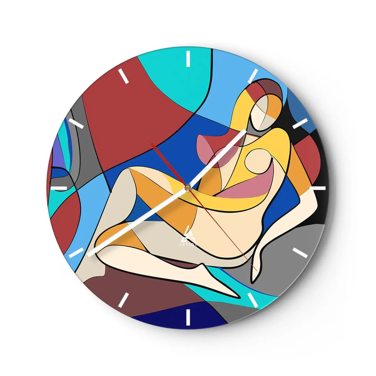 Ceas de perete - Ceas pe sticlă - Un nud feminin colorat în stil cubist, cu un contur distinct. - 30x30cm - Nudul cubist - Decorațiune modernă pentru perete pentru living, bucătărie și dormitor ARTTOR