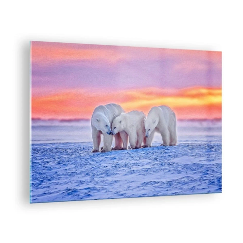 Tablou pe sticlă - Trei urși polari pe un fundal înzăpezit la apus - 70x50cm - Căldura familiei este suficientă - Decorațiune modernă pentru perete pentru living și dormitor ARTTOR