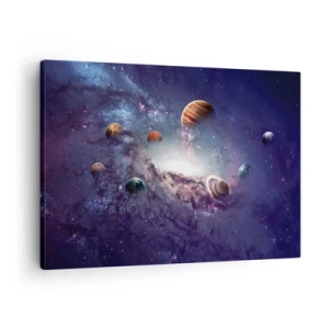 Tablou pe pânză Canvas - Planete într-o galaxie cu o nebuloasă în fundal - 70x50cm - Sistemul de dans solar - Decorațiune modernă pentru perete pentru living și dormitor ARTTOR
