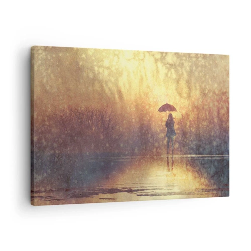 Tablou pe pânză Canvas - O figură cu o umbrelă într-un peisaj cețos plin de reflexii - 70x50cm - Simt că cineva se uită la mine - Decorațiune modernă pentru perete pentru living și dormitor ARTTOR